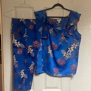 Liz Claiborne Vibrant Blue and Orange Pantsuit with Floral Print